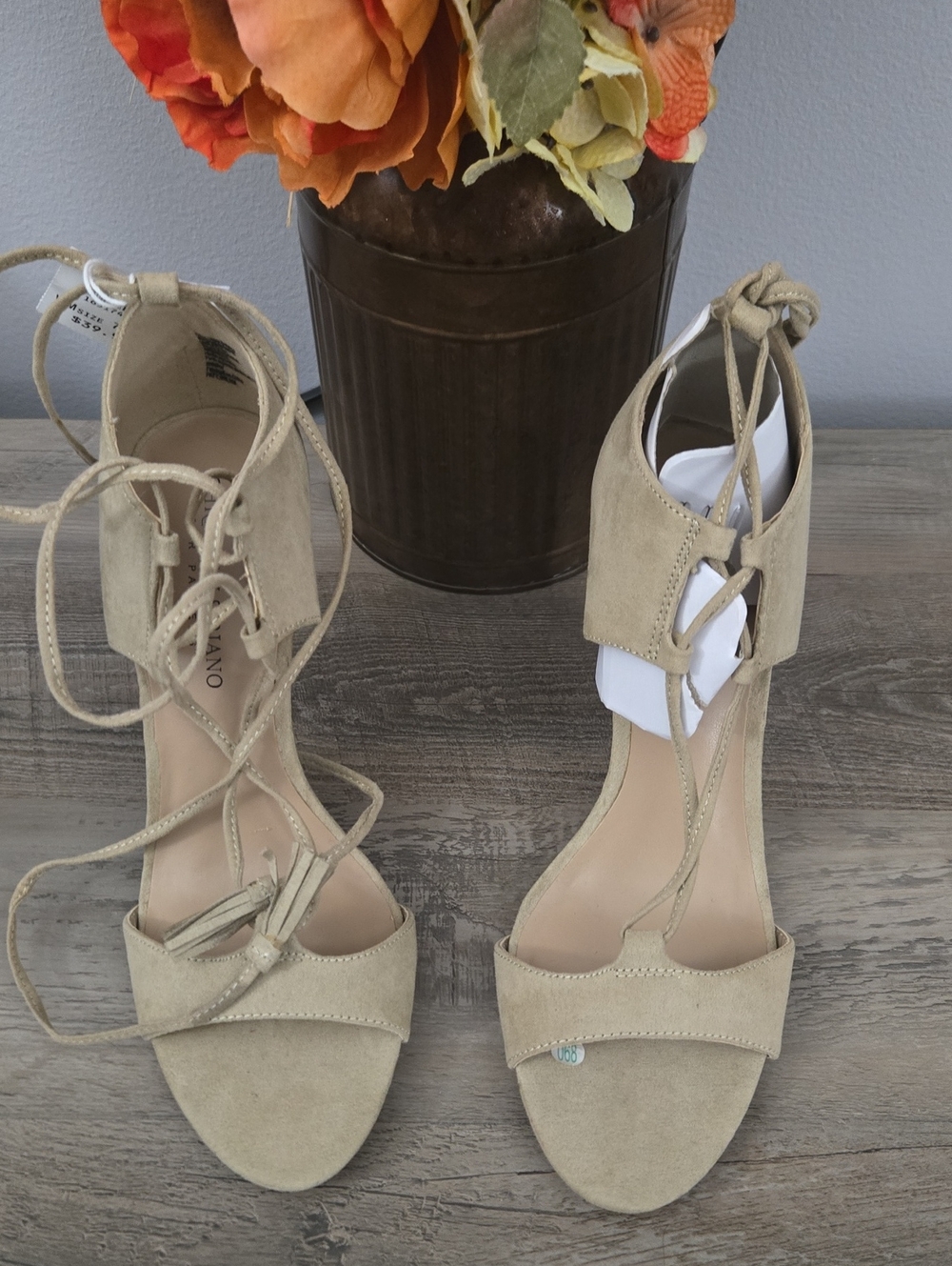 Christian Siriano Beige Suede Lace-Up Heeled Sandals